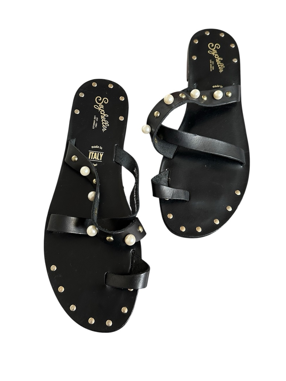Seychelles Black Leather Pearl & Studded Strappy Flat Sandals 8.5